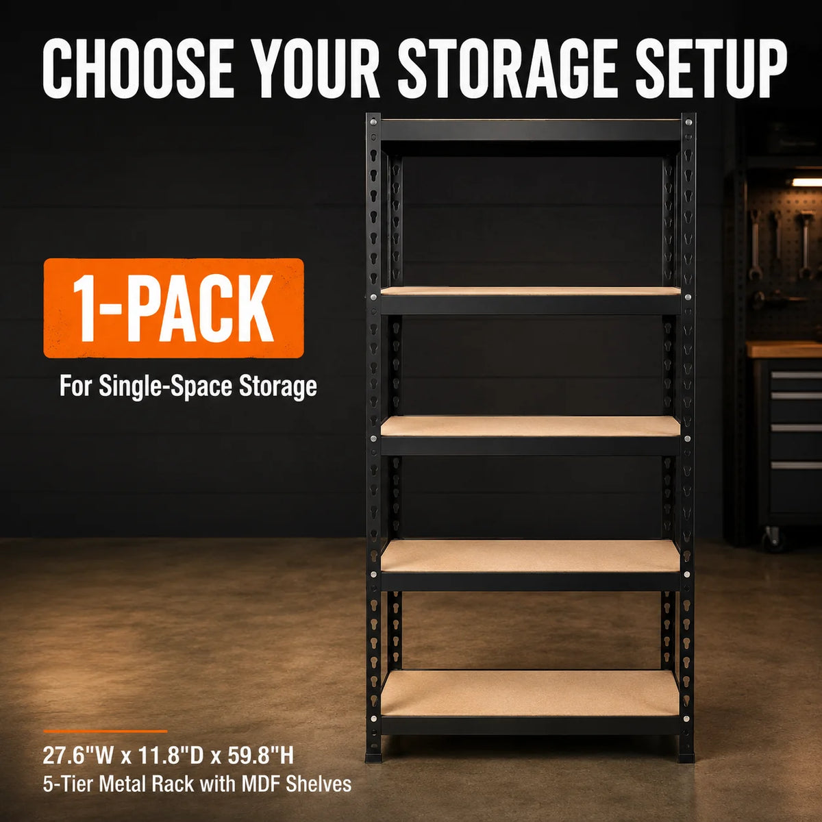5-Tier Garage Storage Shelving Unit, 2000 lb Per Unit, 400 lb Per Shelf, Metal Rack with MDF Shelves for Garage Basement Pantry Workshop, Black, 27.6'W × 11.8'D × 59.8'H
