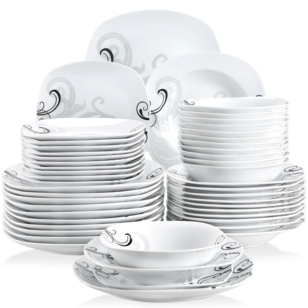 VEWEET ZOEY 48-Piece Black Decals Dinner Combi-Set Porcelain Tableware Set with Bowls Dessert Plates Soup Plate Dinner Plates
