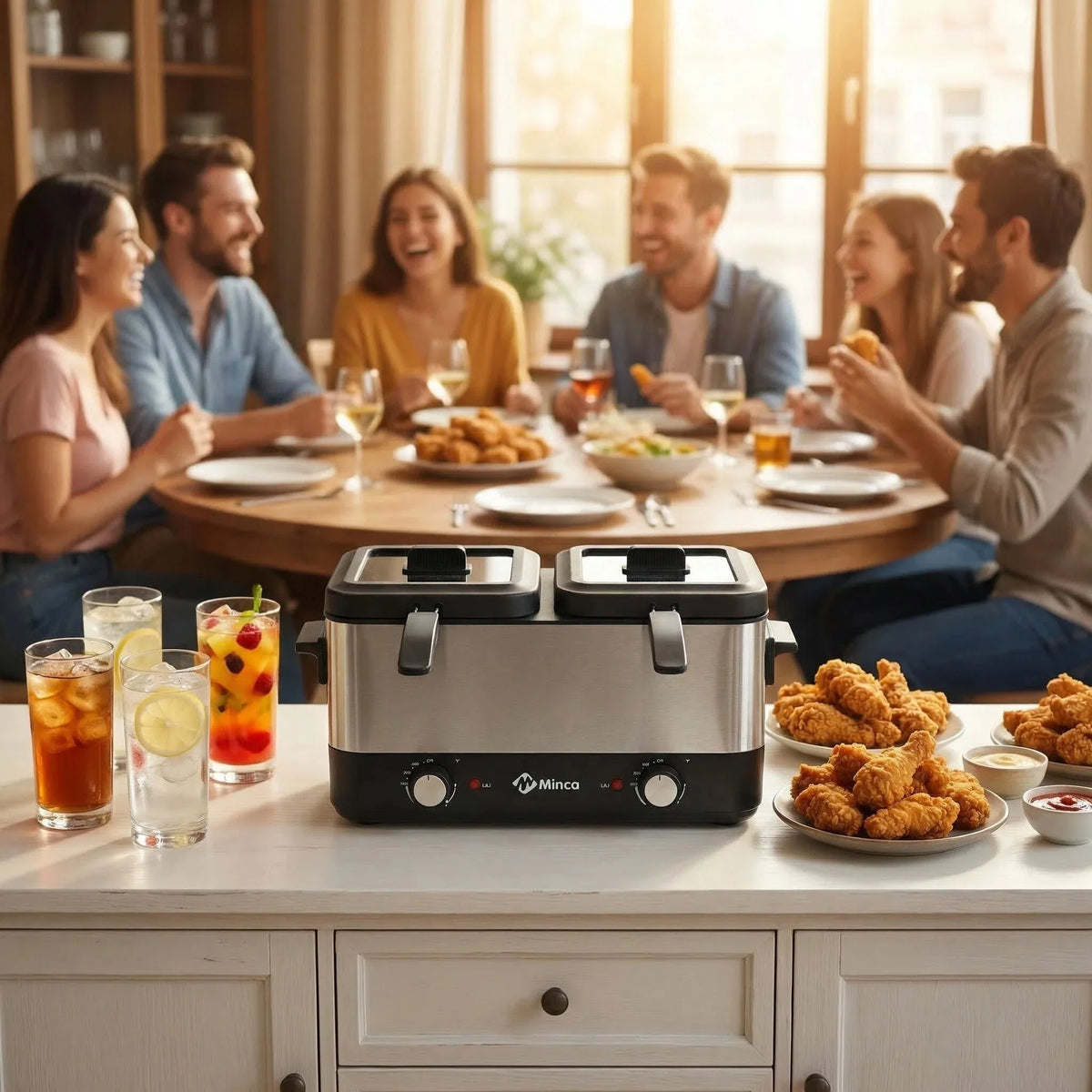 M Minca 1.5 Liters Deep Fryer with Detachable Dual Inner Liners & Double Cooking Baskets, Dual Thermostat Control, Safety Anti-Splash Cover, Heat Resistant Glass Lid, Easy Clean Home Deep Fat Fryer