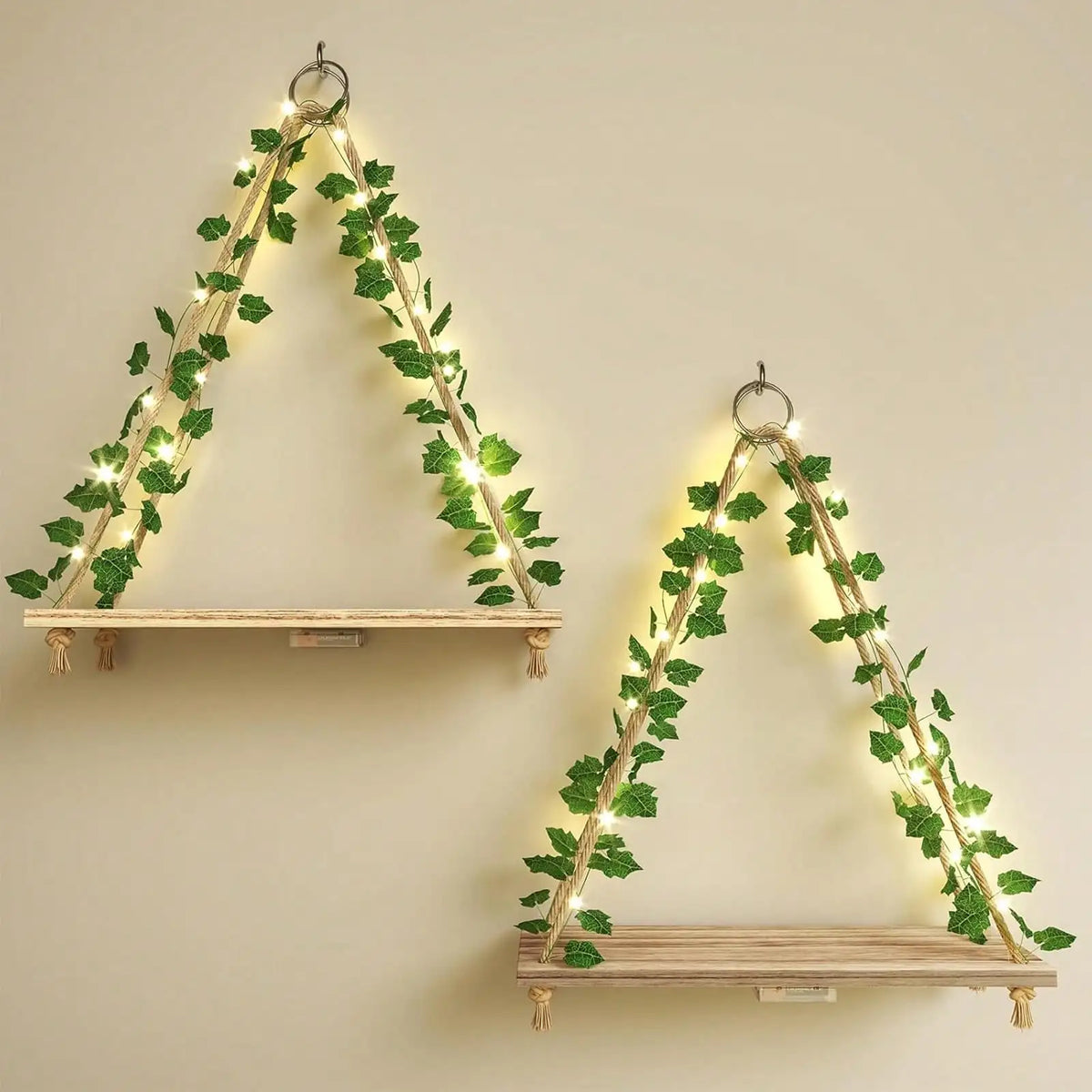 3 Pack Floating Shelves With LED And Ivy, Boho Wall Display