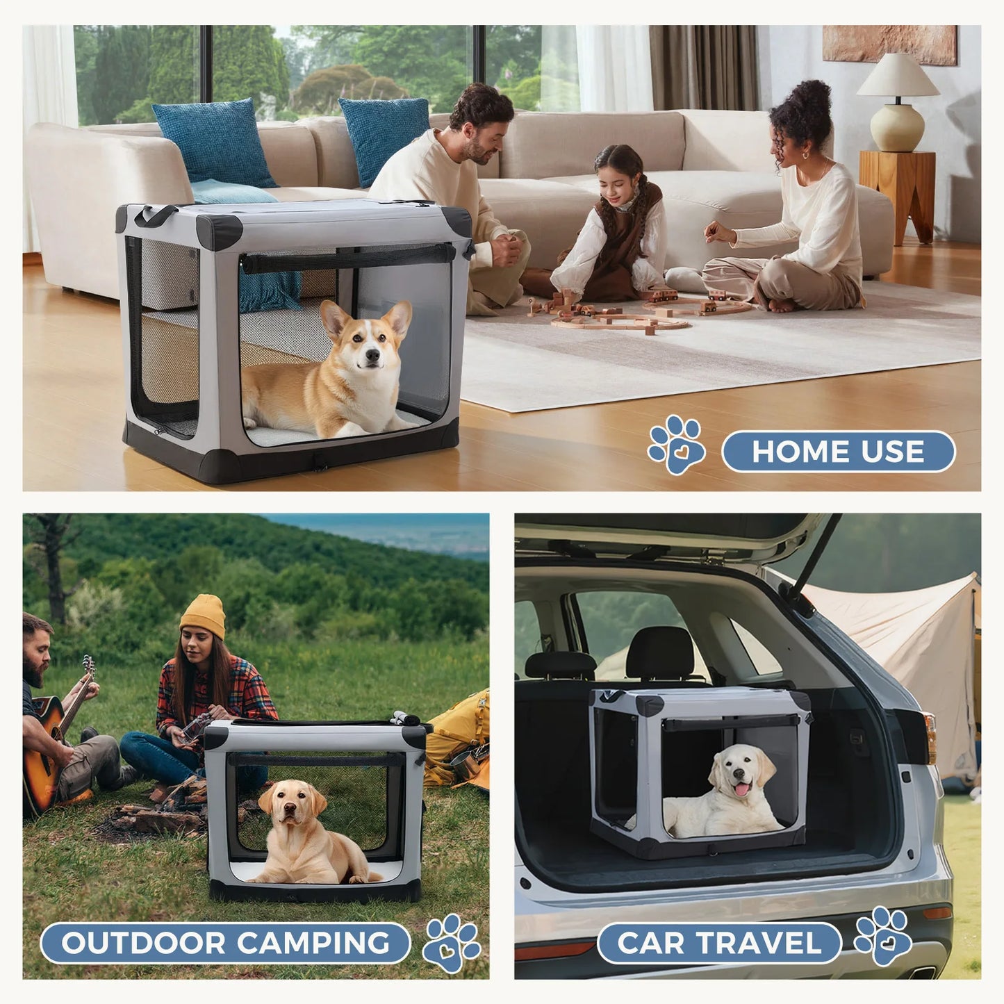 JHK Foldable Soft Dog Crate With Three Doors Portable Indoor