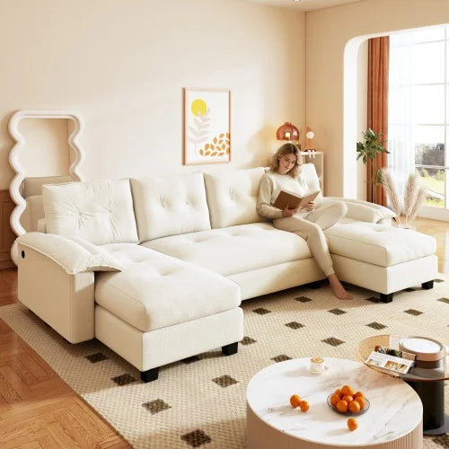 U-Shaped Sleeper Sofa w/pull-out bed: 2-in-1 couch bed, removable armrests, USB ports. Oversized modular sectional w/chaise