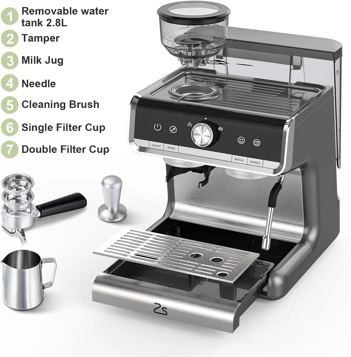 Espresso Coffee Machine with Grinder, 20 Bar Semi-Automatic Espresso Maker with Milk Frother Steamer Wand 2.8 L Water Tank