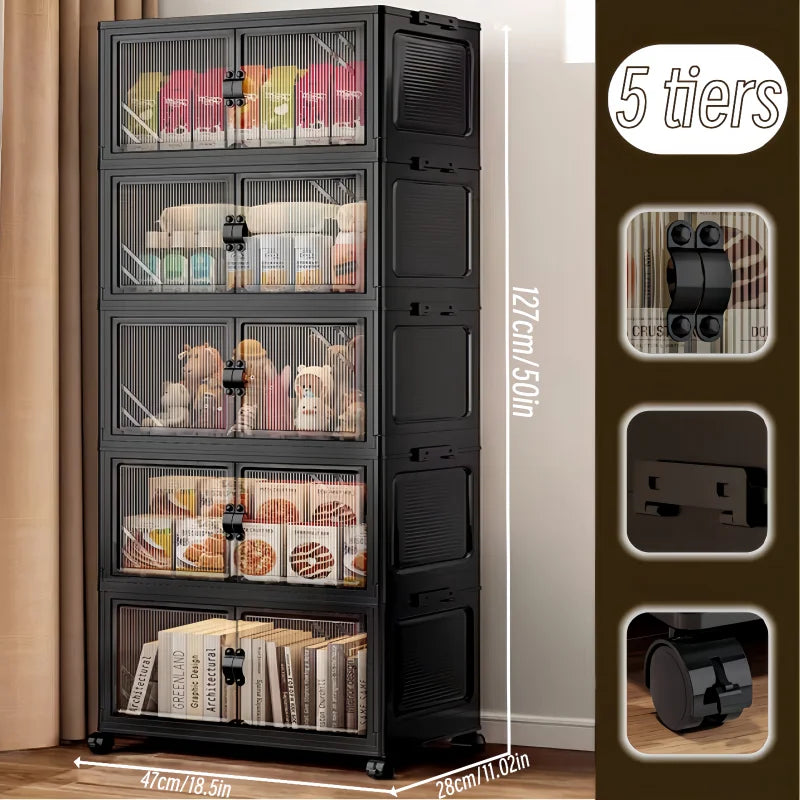 Onenoble Foldable Storage Cabinet With Clear Double Doors On Wheels