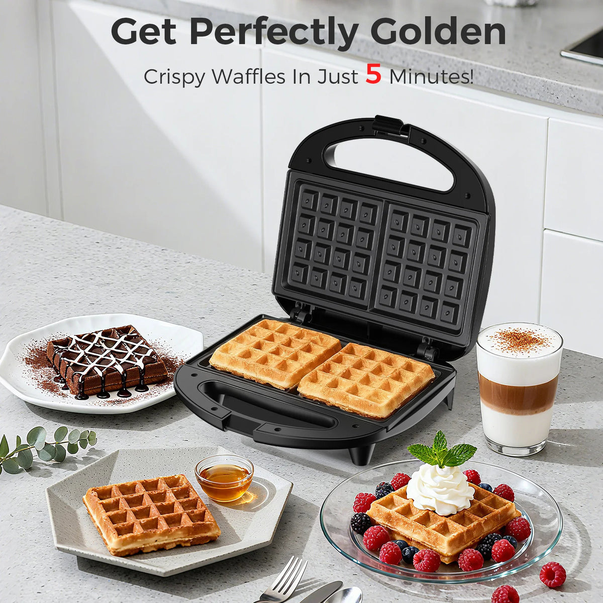 Waffle Maker, 2 Slice Non-Stick Waffle Iron, Belgian Waffle Machine with Indicator Lights, PFOA Free, Perfect for Breakfast and Snacks, 750W