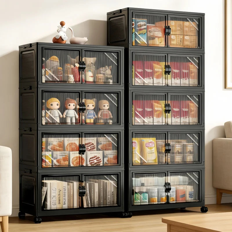 Onenoble Foldable Storage Cabinet With Clear Double Doors On Wheels