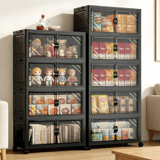 Onenoble Foldable Storage Cabinet With Clear Double Doors On Wheels