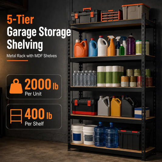 Five Tier Metal Garage Shelving Unit With MDF Shelves