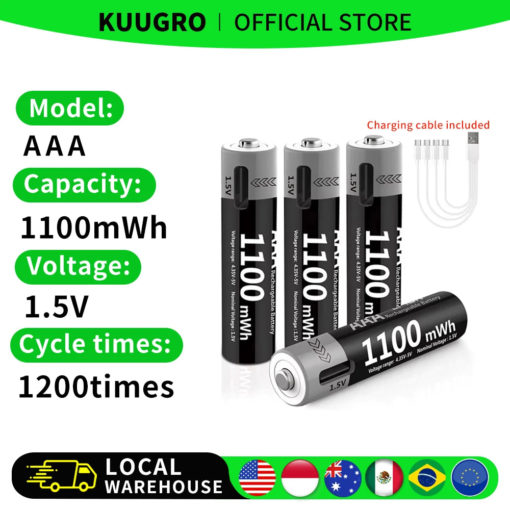 Kuugro USB AAA Li-ion Rechargeable Battery 1.5V 1100mWh