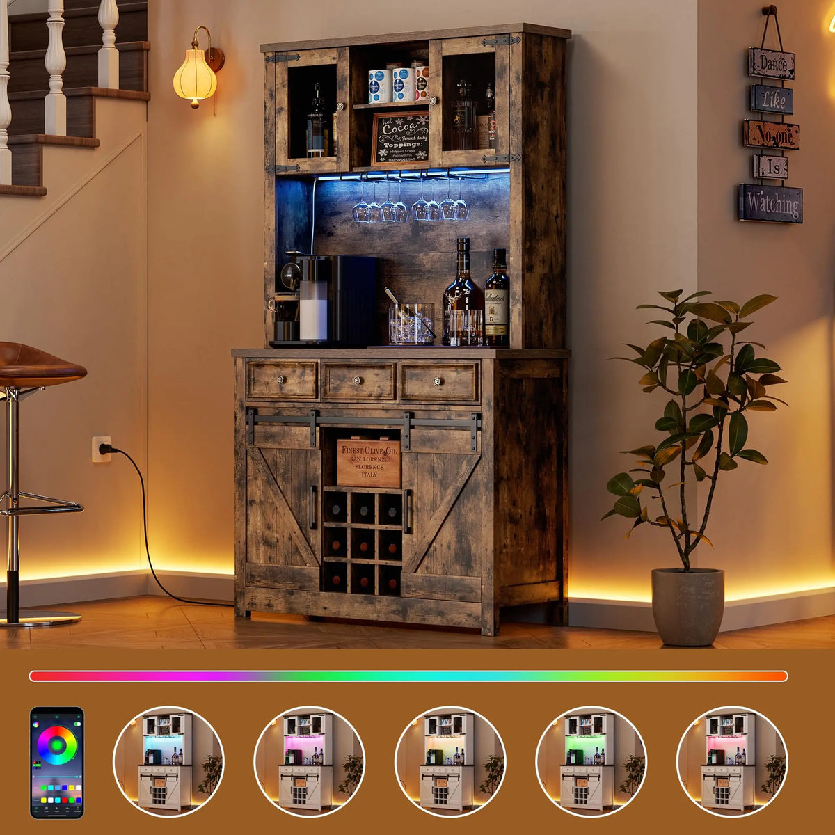 72 Inch Coffee Bar Cabinet With LED Lights And Power Outlets, Farmhouse Kitchen Buffet Hutch, Wine Rack, 3 Drawers And Sliding Barn Doors