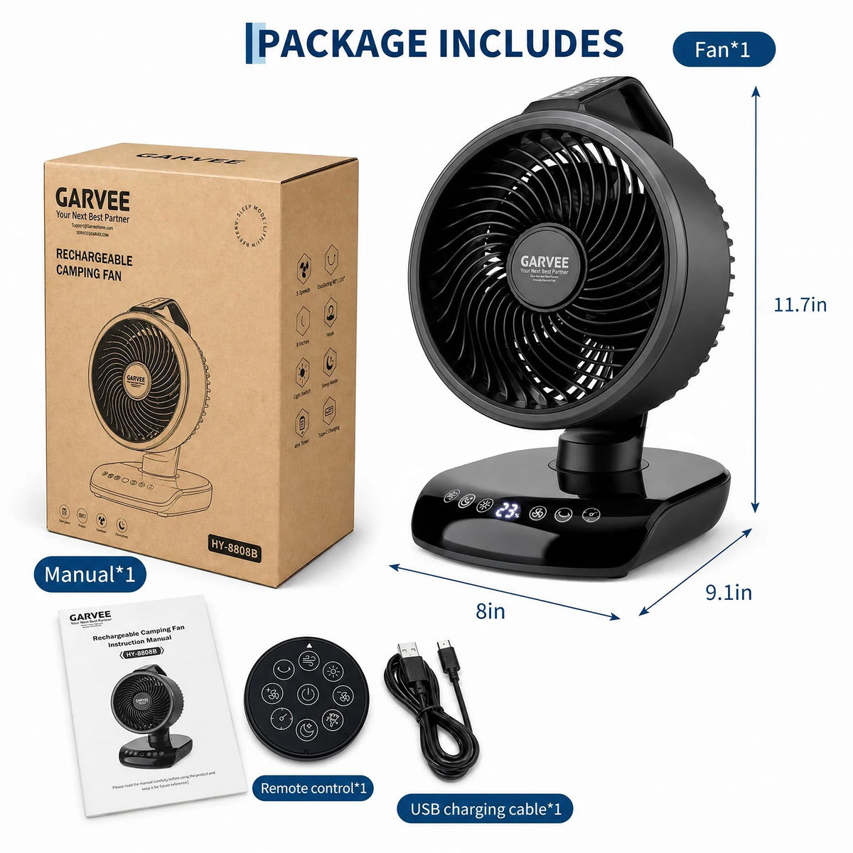 Himiss Portable Camping Fan With Remote Timer Led Light And 20000mAh Rechargeable Battery
