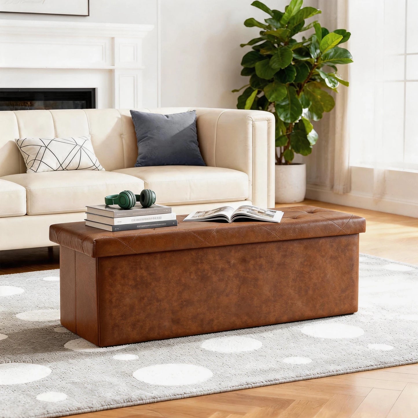 Tufted Faux Leather Storage Bench Ottoman With 400 Lb Capacity