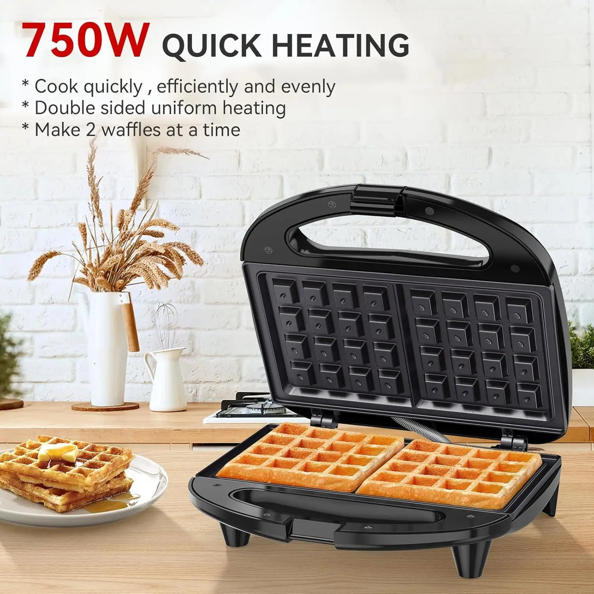 Waffle Maker, 2 Slice Non-Stick Waffle Iron, Belgian Waffle Machine with Indicator Lights, PFOA Free, Perfect for Breakfast and Snacks, 750W