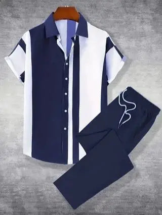 Printed Mens Summer Two Piece Short Sleeve Button Down Shirt And Pants Set