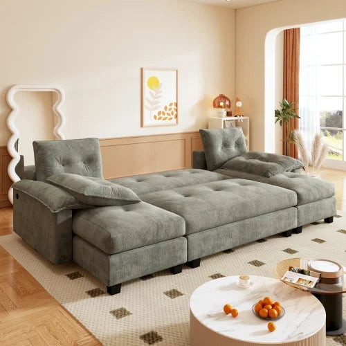 U-Shaped Sleeper Sofa w/pull-out bed: 2-in-1 couch bed, removable armrests, USB ports. Oversized modular sectional w/chaise