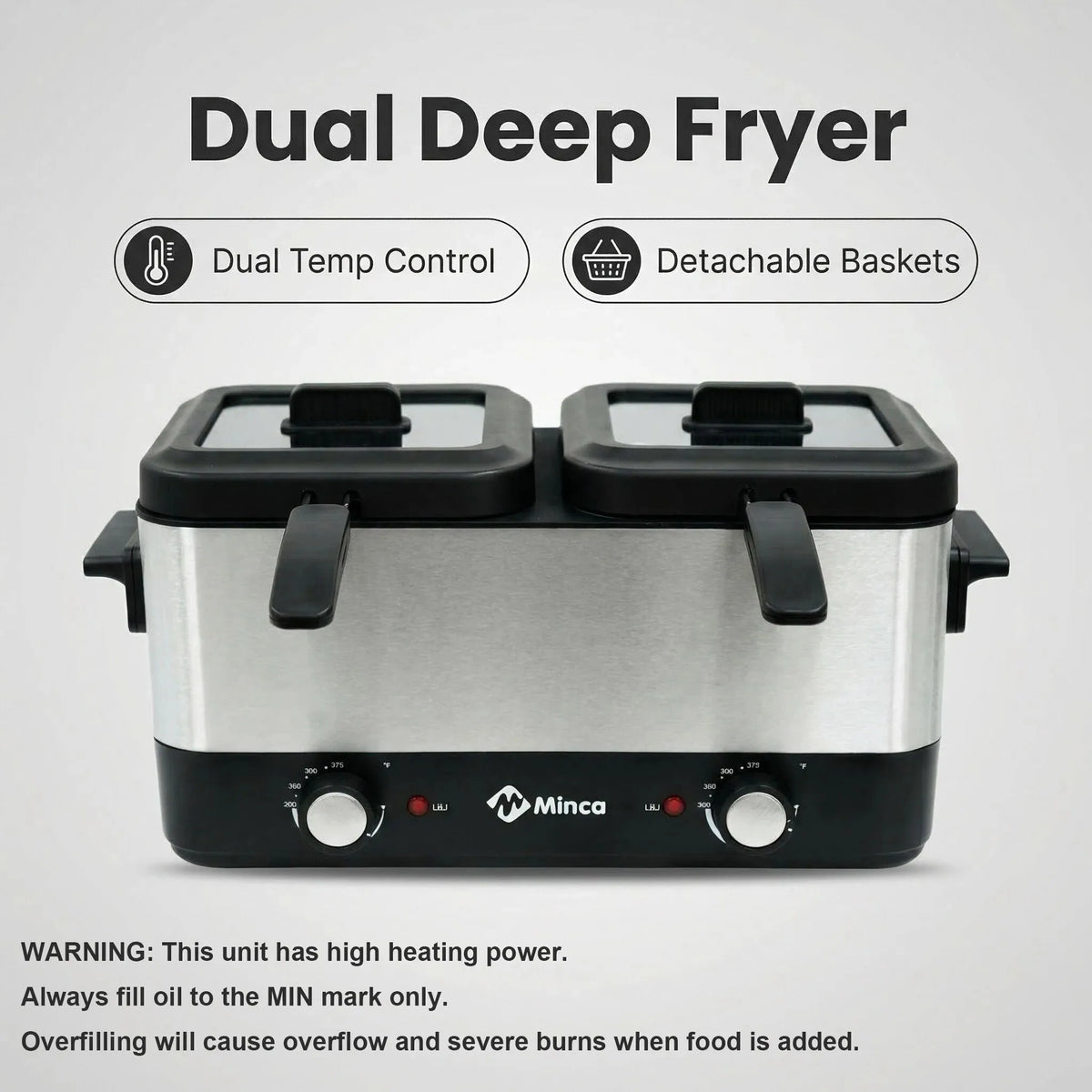M Minca 1.5 Liters Deep Fryer with Detachable Dual Inner Liners & Double Cooking Baskets, Dual Thermostat Control, Safety Anti-Splash Cover, Heat Resistant Glass Lid, Easy Clean Home Deep Fat Fryer