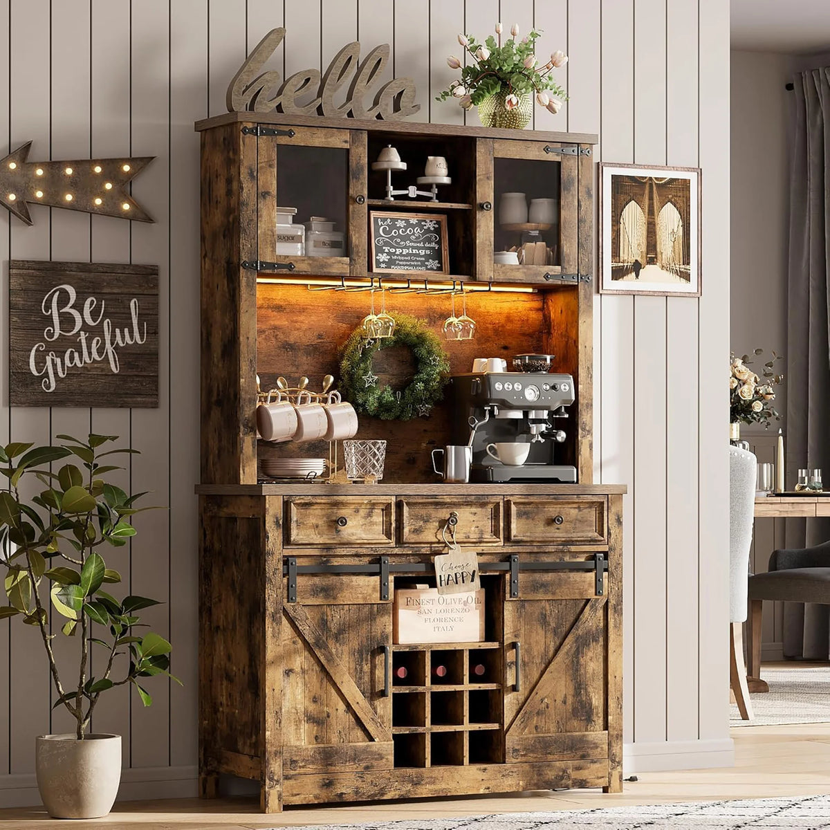 72 Inch Coffee Bar Cabinet With LED Lights And Power Outlets, Farmhouse Kitchen Buffet Hutch, Wine Rack, 3 Drawers And Sliding Barn Doors
