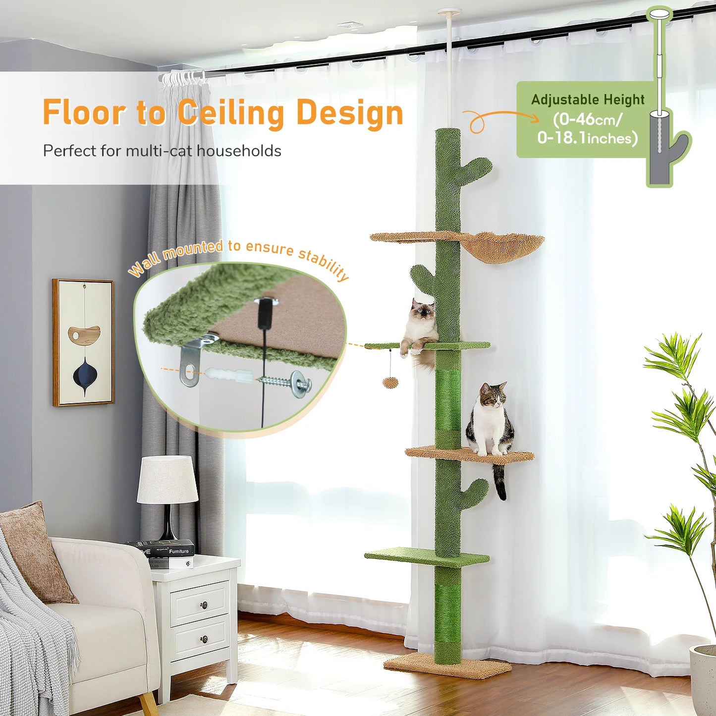 PAWZ Road Cat Tree 5 Tier Floor to Ceiling Tower Scratching Post
