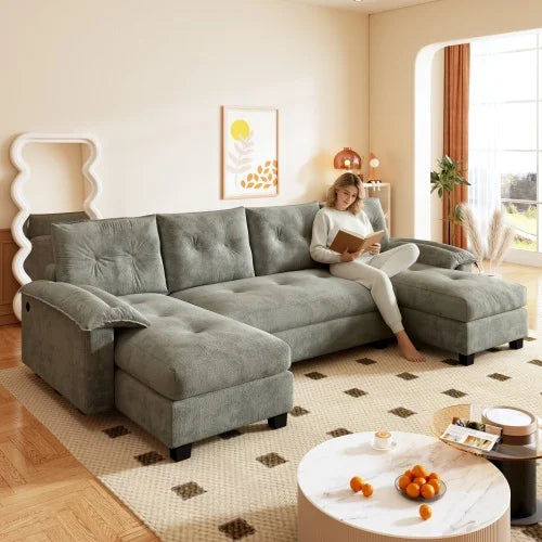 U-Shaped Sleeper Sofa w/pull-out bed: 2-in-1 couch bed, removable armrests, USB ports. Oversized modular sectional w/chaise