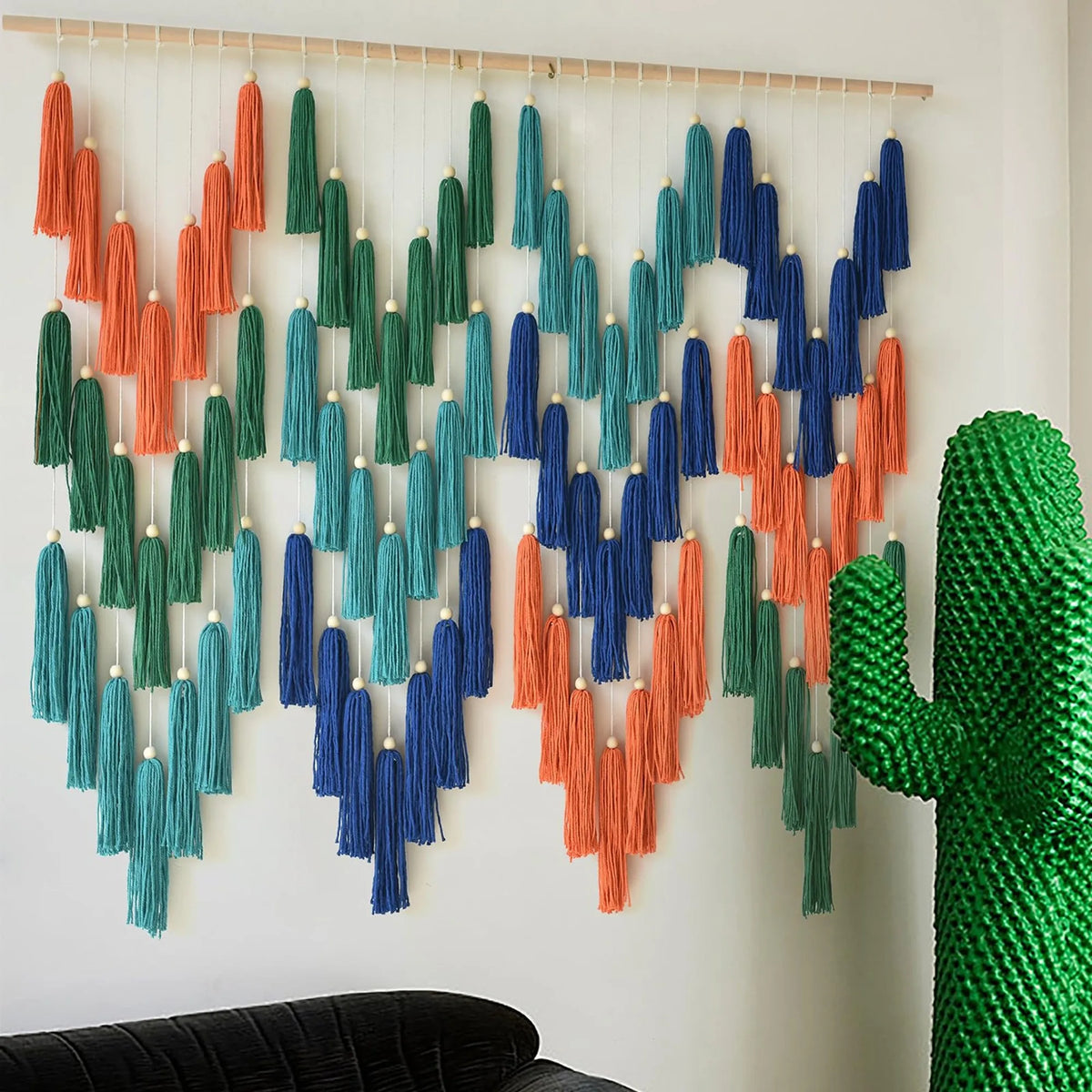 47"W x 39"L Handmade Wave Tassel Yarn Boho Wall Hanging, Farmhouse Wall Decor Gift for Bedroom Living Room Nursery Home Office Dorm