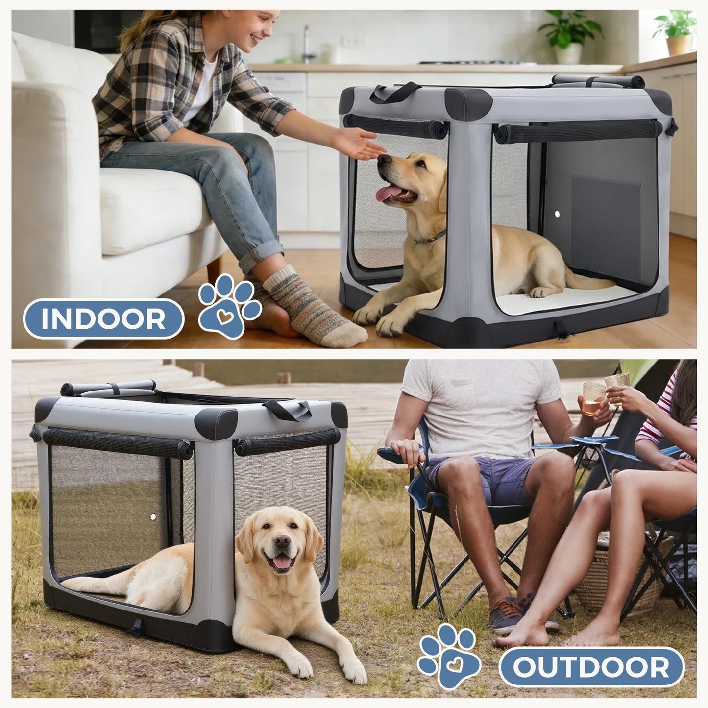 JHK Foldable Soft Dog Crate With Three Doors Portable Indoor