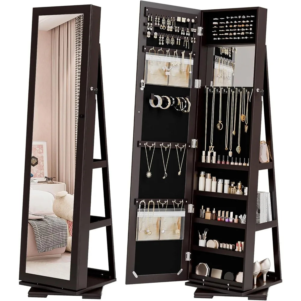 360 Swivel Jewelry Mirror Cabinet With Lock And Storage