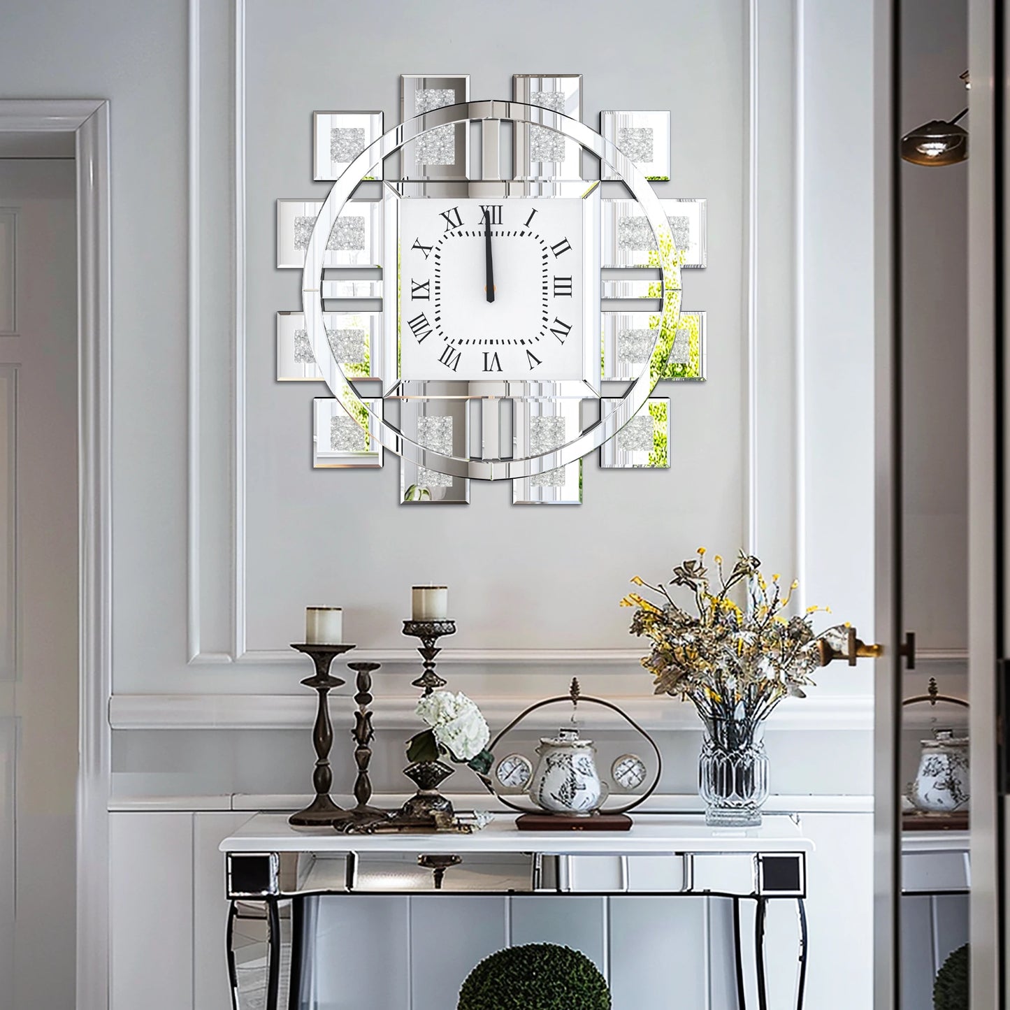 Crushed Diamond Mirrored Wall Clock Sparkle Bling Quartz Roman Numerals