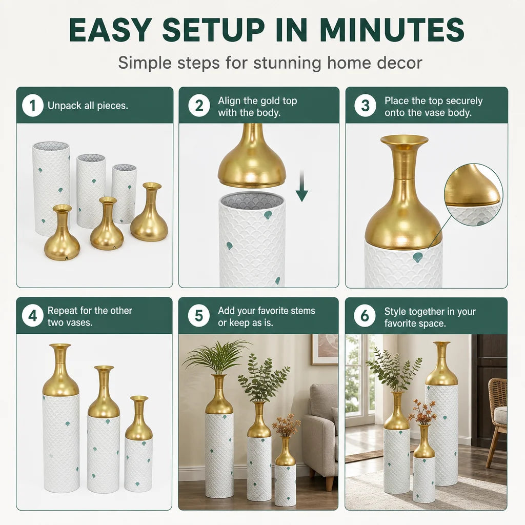 Set Of Three White And Gold Metal Floor Vases With Gold Leaf Pattern