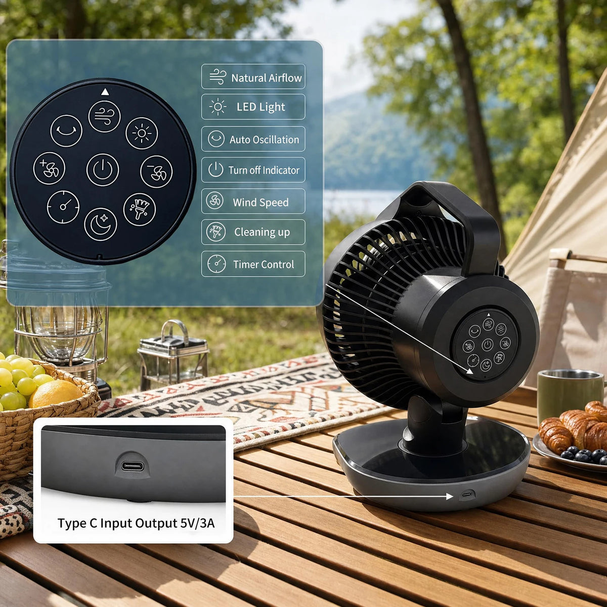 Himiss Portable Camping Fan With Remote Timer Led Light And 20000mAh Rechargeable Battery