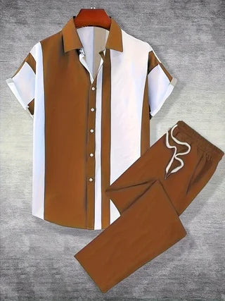 Printed Mens Summer Two Piece Short Sleeve Button Down Shirt And Pants Set