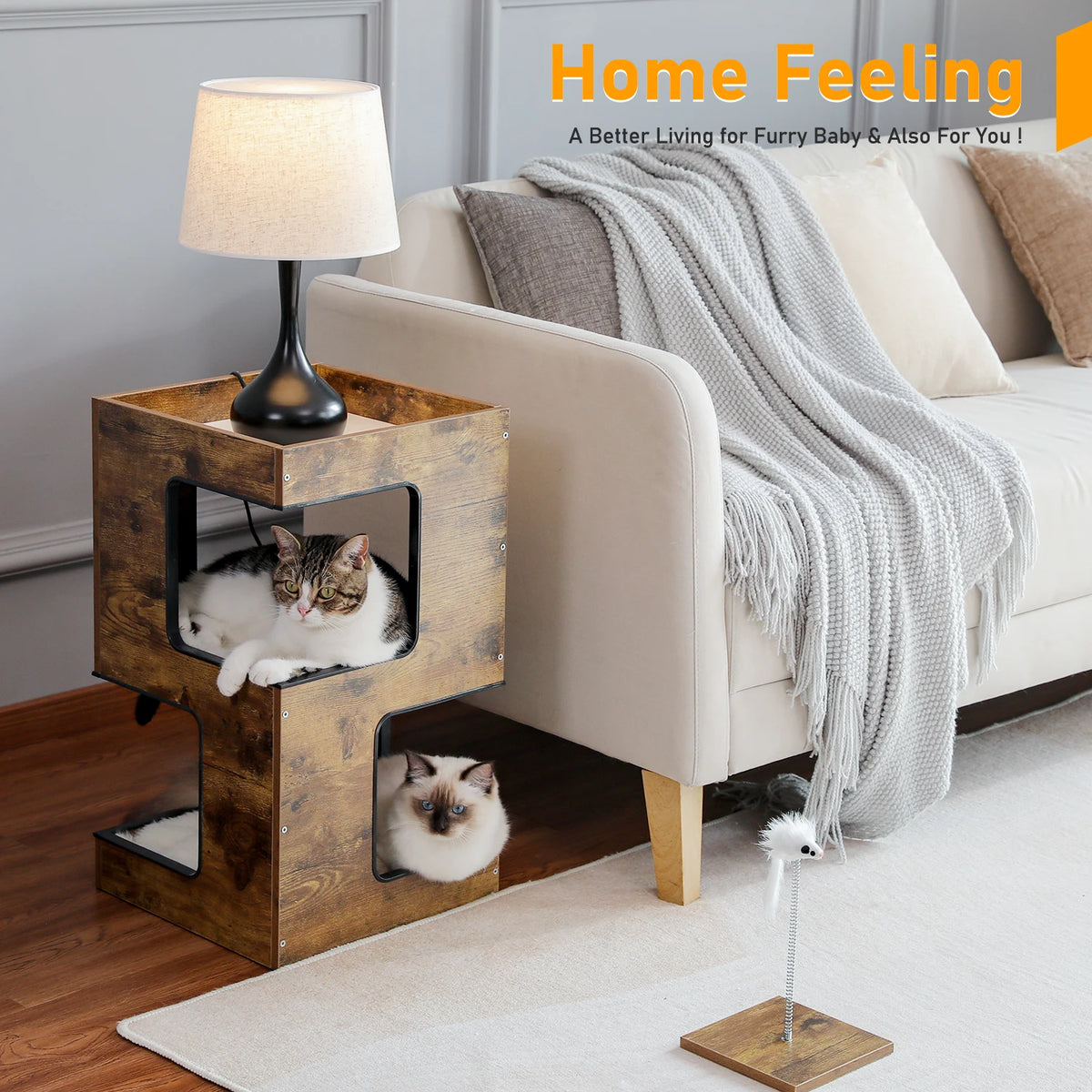 PAWZ Road Modern Wood Cat Condo House Bed With Scratching Pad