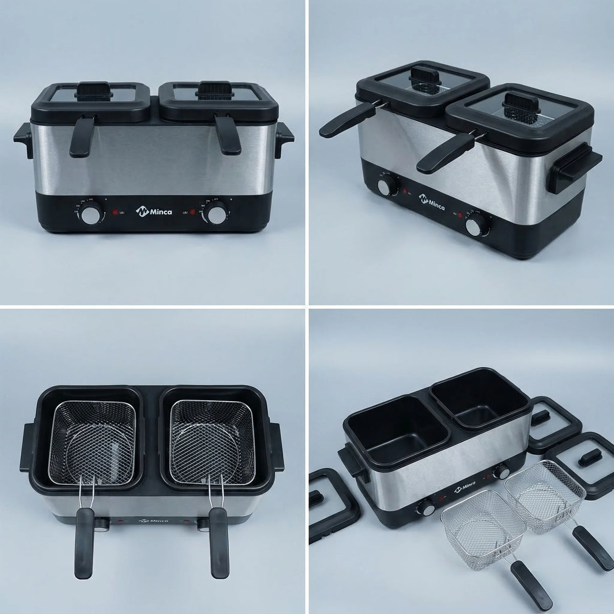 M Minca 1.5 Liters Deep Fryer with Detachable Dual Inner Liners & Double Cooking Baskets, Dual Thermostat Control, Safety Anti-Splash Cover, Heat Resistant Glass Lid, Easy Clean Home Deep Fat Fryer