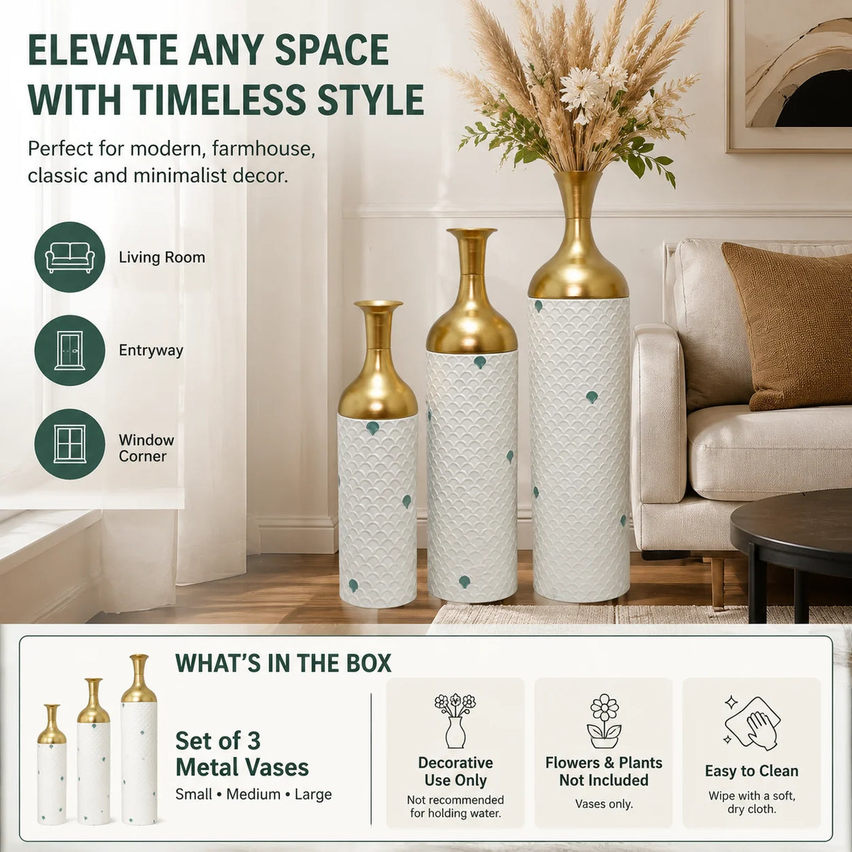 Set Of Three White And Gold Metal Floor Vases With Gold Leaf Pattern