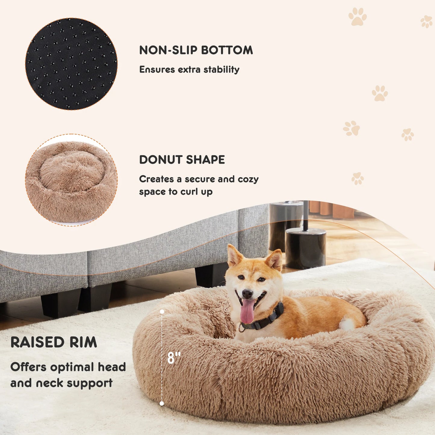 JHK Calming Dog Bed for Medium to Large Dogs Washable Plush Faux Fur Anti Slip