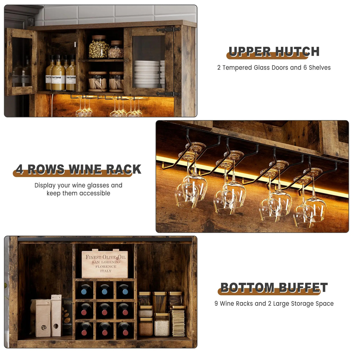 72 Inch Coffee Bar Cabinet With LED Lights And Power Outlets, Farmhouse Kitchen Buffet Hutch, Wine Rack, 3 Drawers And Sliding Barn Doors