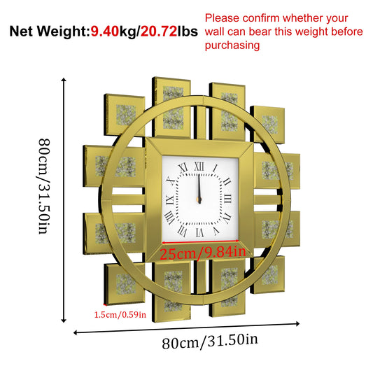 Crushed Diamond Mirrored Wall Clock Sparkle Bling Quartz Roman Numerals