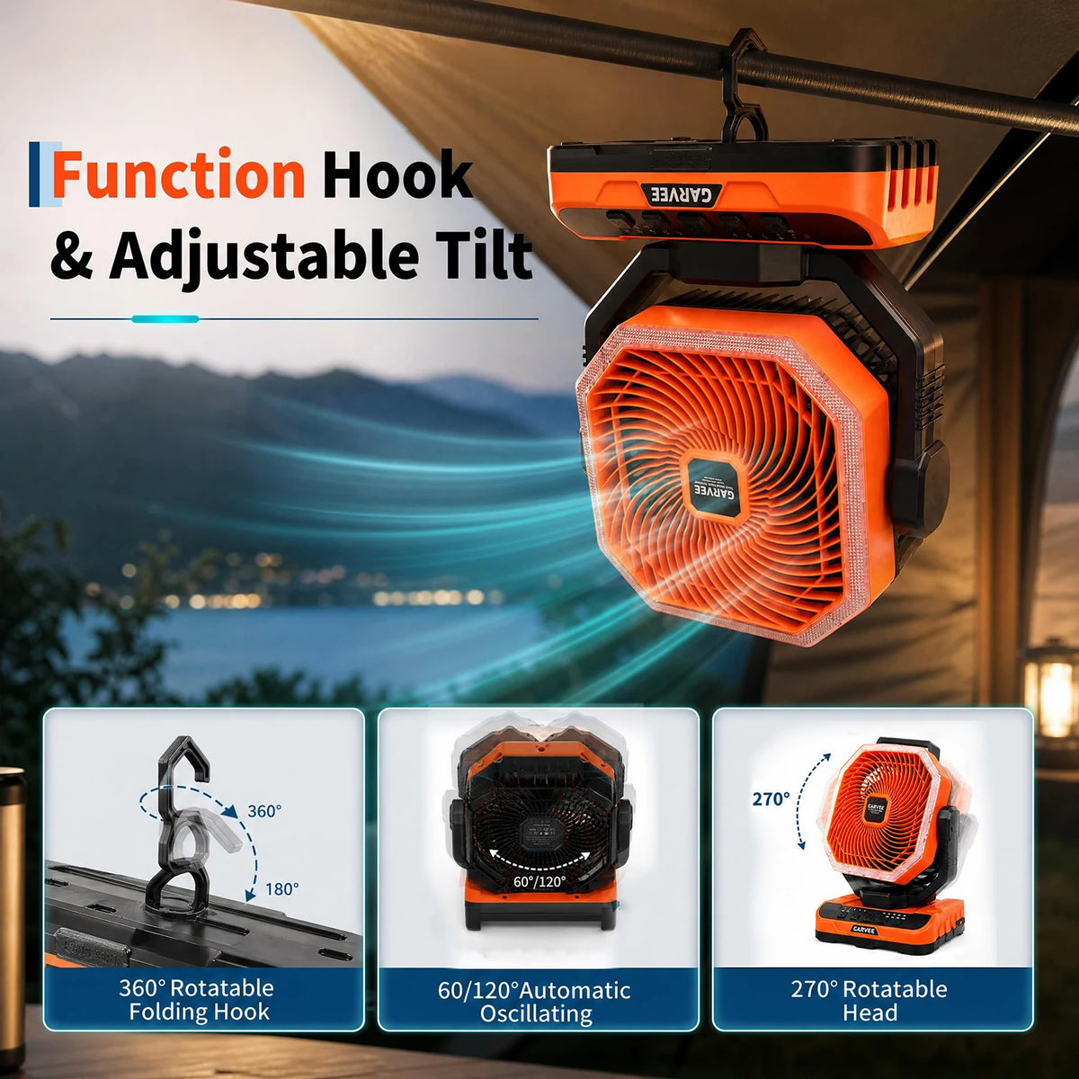Himiss Portable Camping Fan With Remote Timer Led Light And 5 Speeds