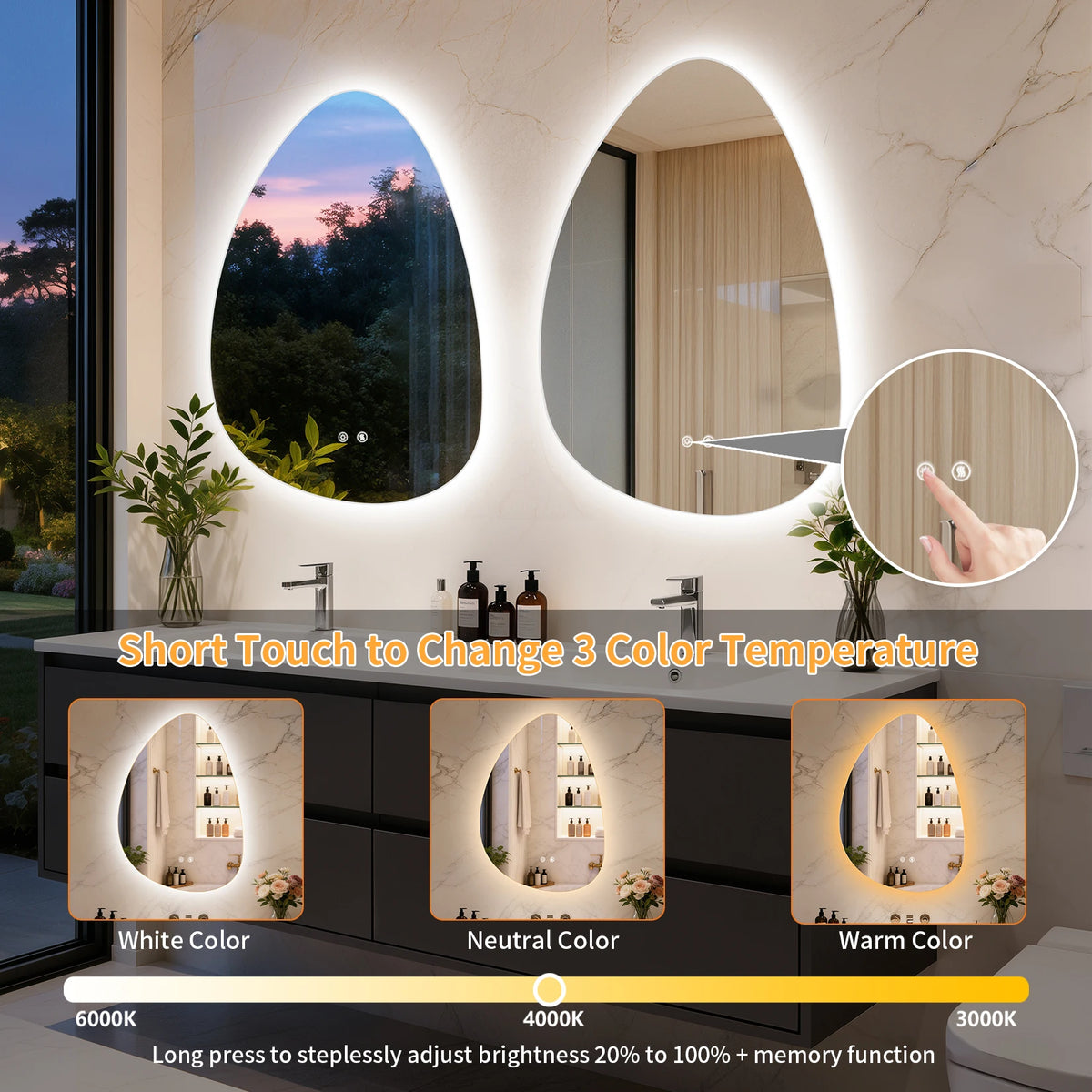 LED Bathroom Mirror Wall Mounted Vanity Mirror with 3 Lighting Colors, Touch Sensor, Anti-Fog, Backlit Light, Irregular Pebble Shape