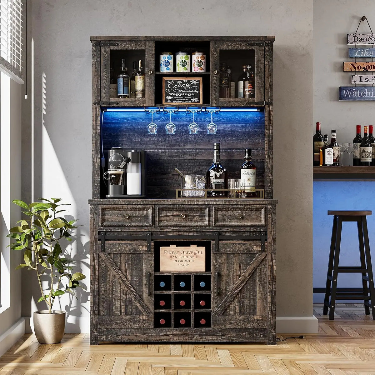 72 Inch Coffee Bar Cabinet With LED Lights And Power Outlets, Farmhouse Kitchen Buffet Hutch, Wine Rack, 3 Drawers And Sliding Barn Doors