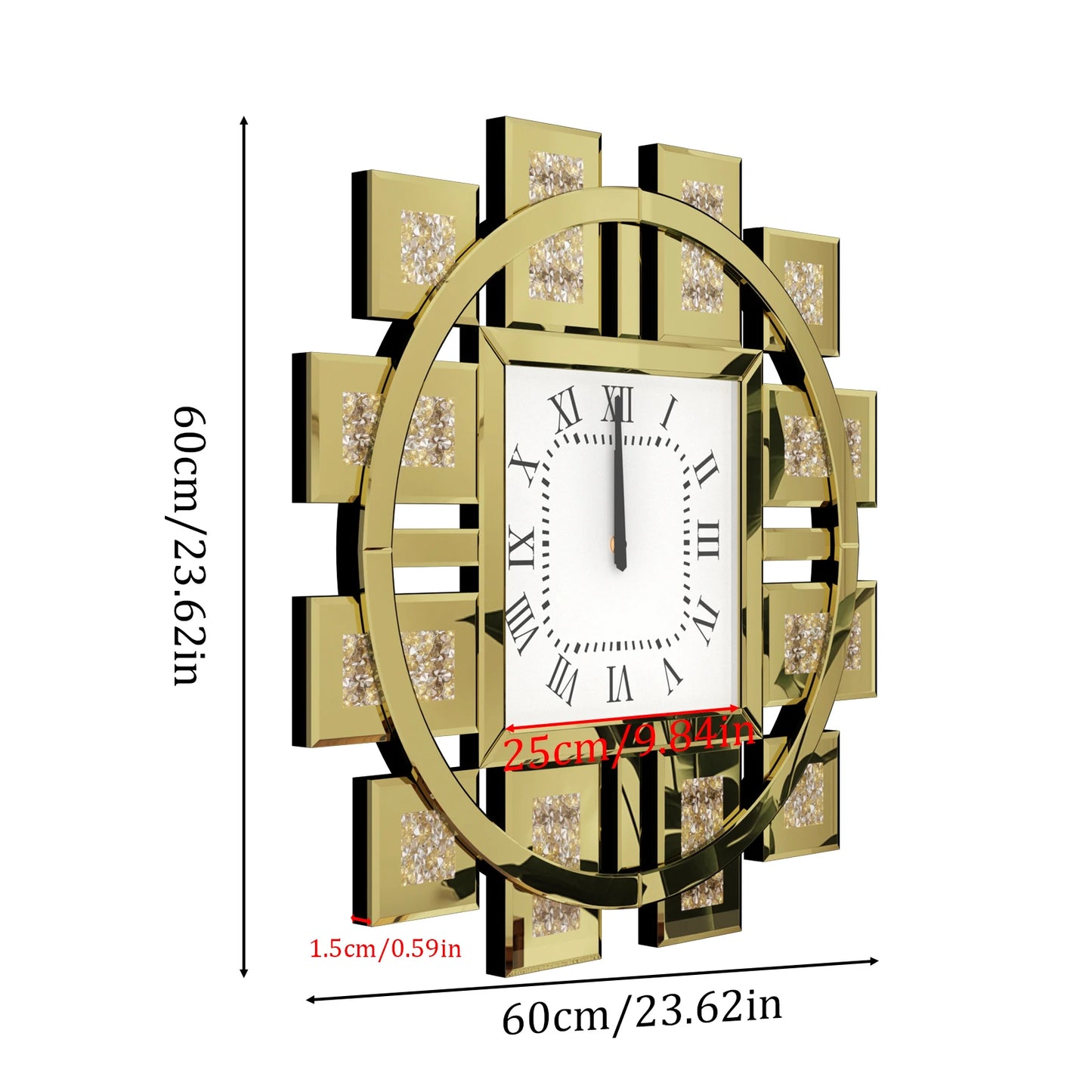 Crushed Diamond Mirrored Wall Clock Sparkle Bling Quartz Roman Numerals