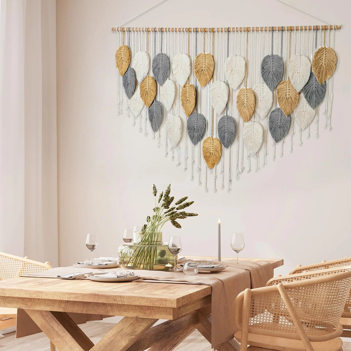 Handmade Boho Leaf and Feather Woven Cotton Wall Tapestry