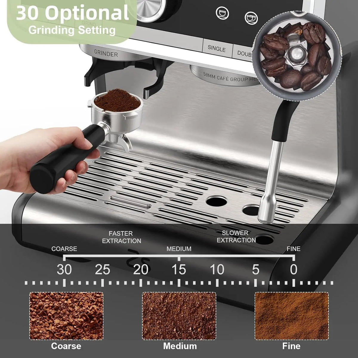 Espresso Coffee Machine with Grinder, 20 Bar Semi-Automatic Espresso Maker with Milk Frother Steamer Wand 2.8 L Water Tank