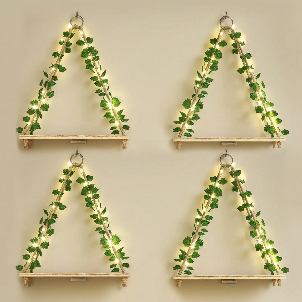 3 Pack Floating Shelves With LED And Ivy, Boho Wall Display