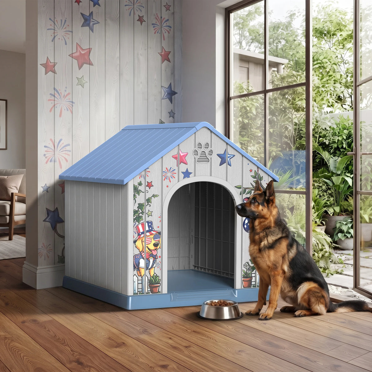 Weatherproof Plastic Outdoor Dog House With Printed Door