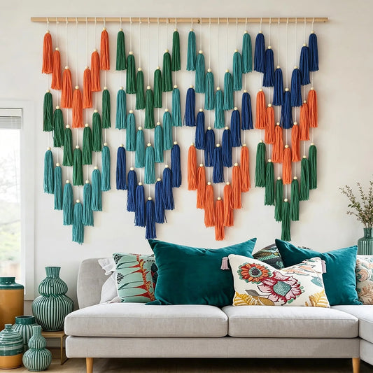 47"W x 39"L Handmade Wave Tassel Yarn Boho Wall Hanging, Farmhouse Wall Decor Gift for Bedroom Living Room Nursery Home Office Dorm