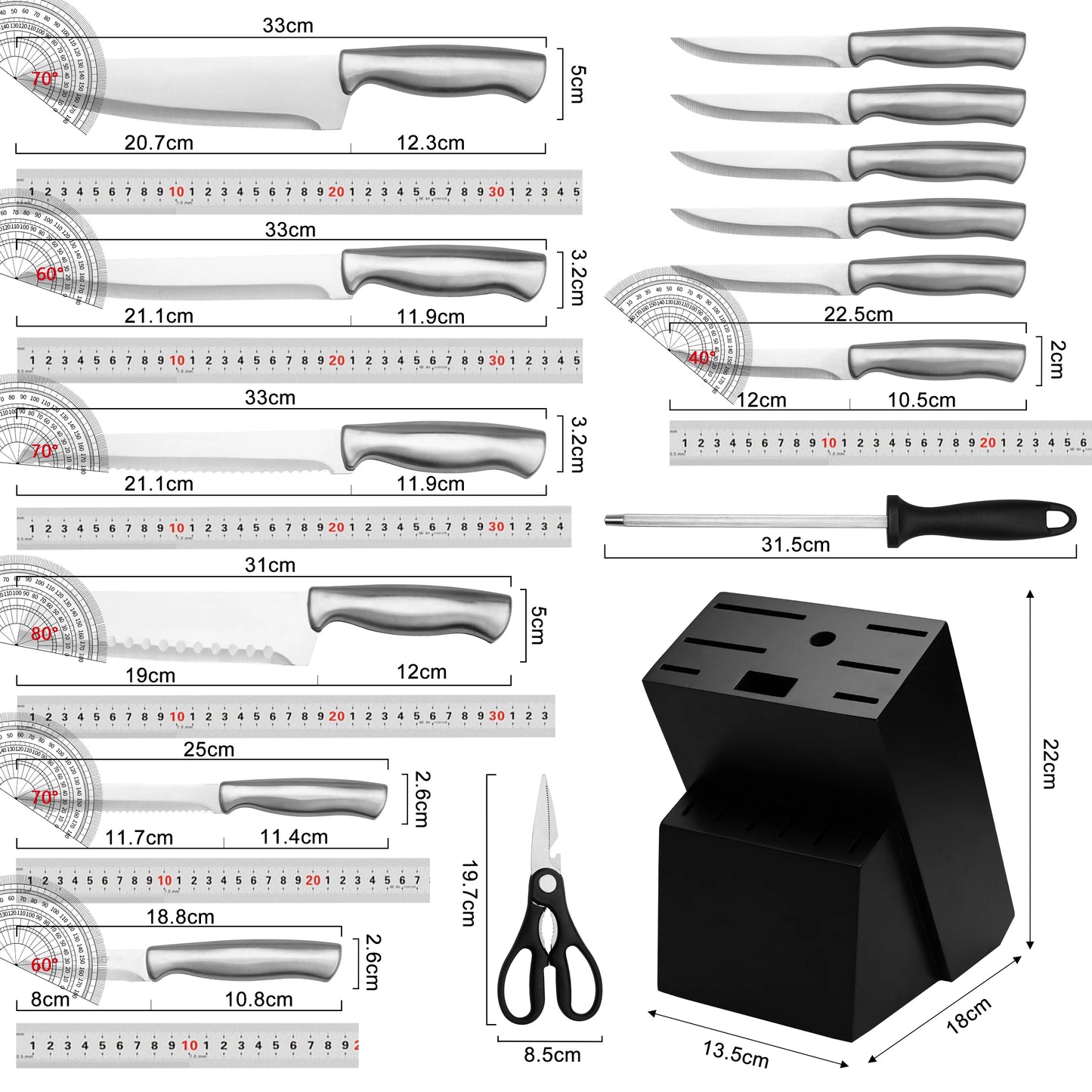 Stainless Steel Kitchen Knife Set With Block Sharpener Scissor