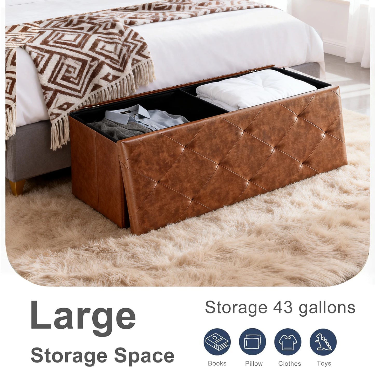 Tufted Faux Leather Storage Bench Ottoman With 400 Lb Capacity