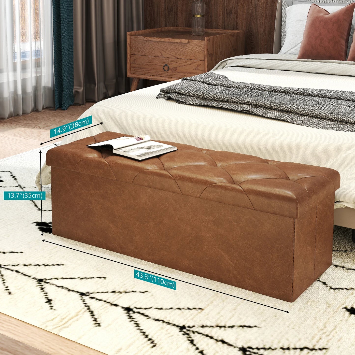 Tufted Faux Leather Storage Bench Ottoman With 400 Lb Capacity