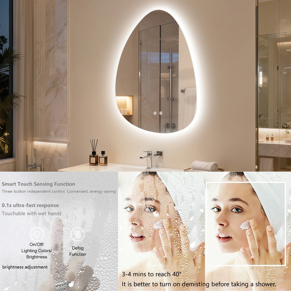 LED Bathroom Mirror Wall Mounted Vanity Mirror with 3 Lighting Colors, Touch Sensor, Anti-Fog, Backlit Light, Irregular Pebble Shape