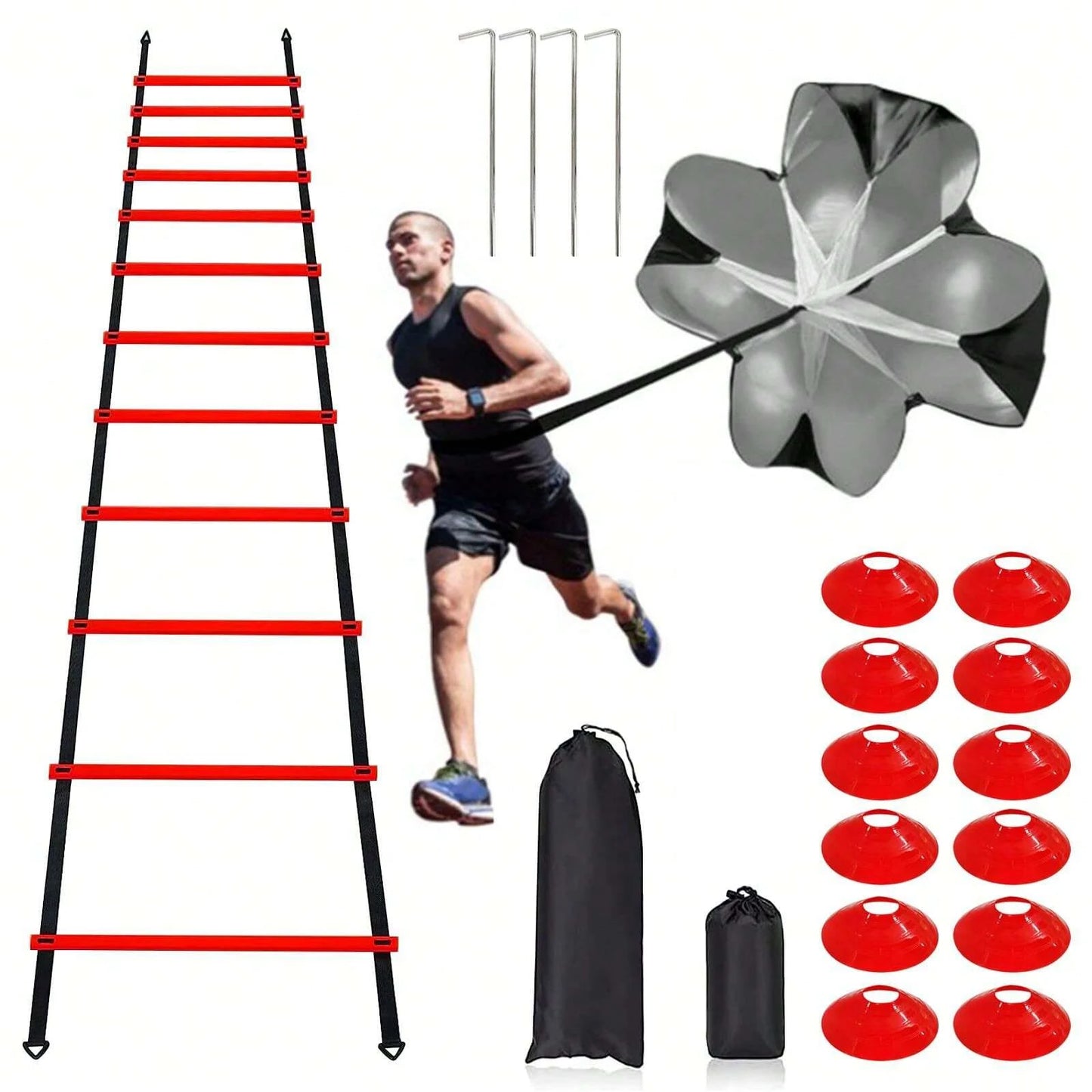 GKHMNEW Speed Agility Training Set With 12 Rung 20ft Ladder Cones Parachute